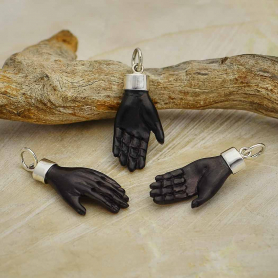 Carved Black Wood Hand Pendant with Silver Bail 27x11mm
