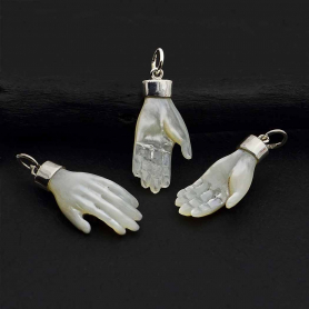 Carved Mother of Pearl Hand Pendant with Silver Bail 27x11mm