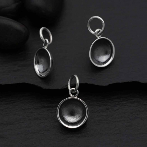 Sterling Silver Oxidized Cupped Circle Charm 14x8mm