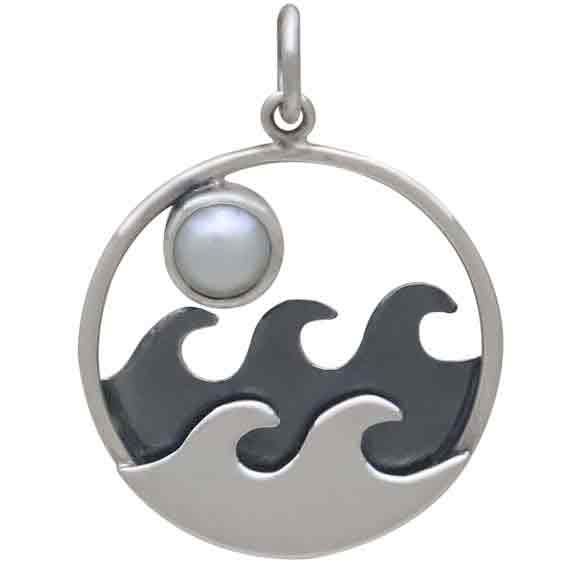 Sterling Silver Ocean Pendant with Pearl Moon 24x18mm
