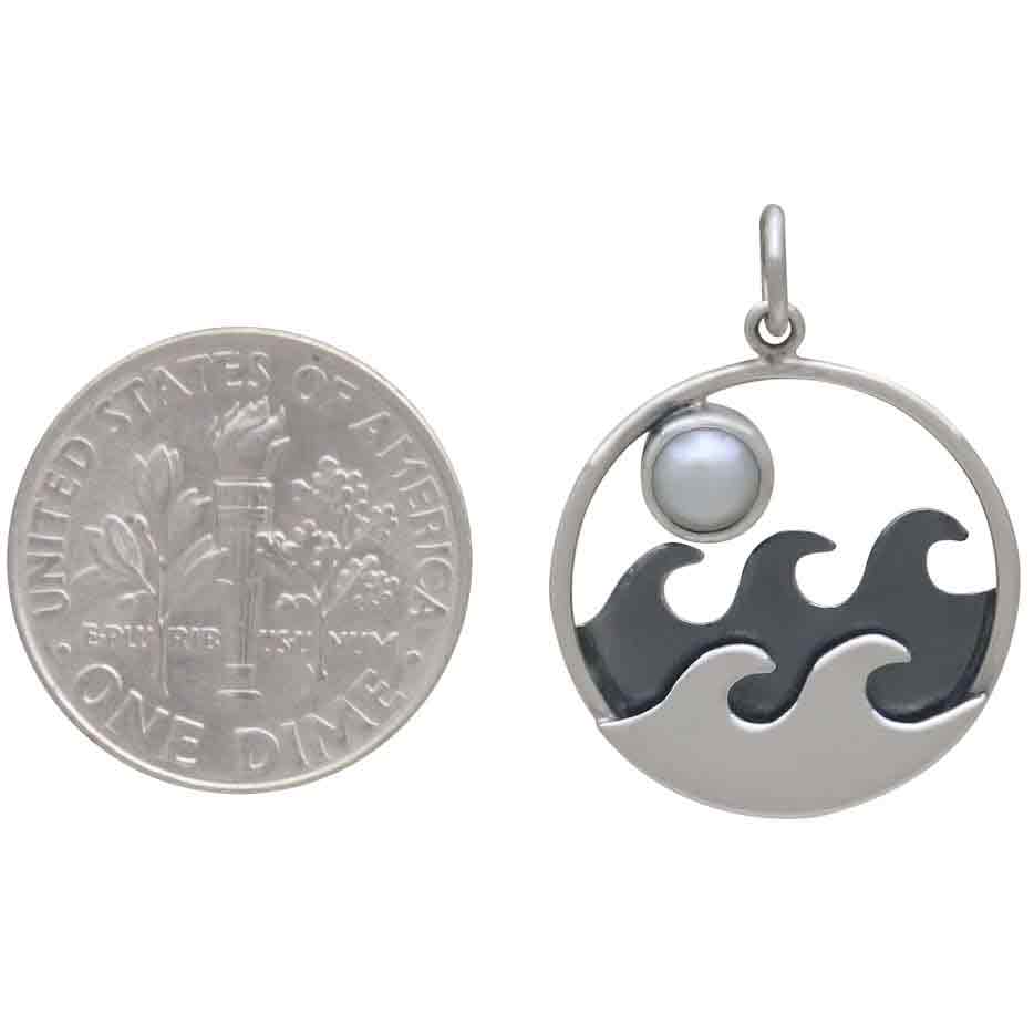 Sterling Silver Ocean Pendant with Pearl Moon 24x18mm