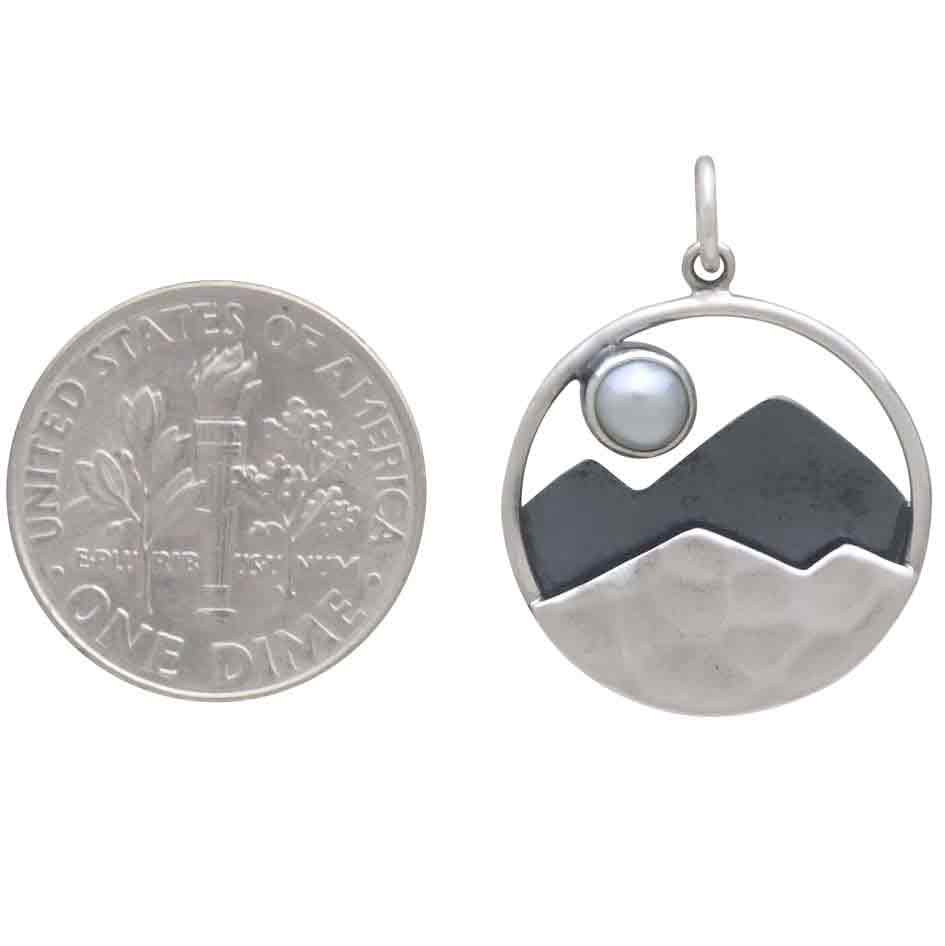 Sterling Silver Mountain Charm with Pearl Moon 24x18mm
