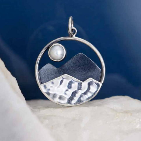 Sterling Silver Mountain Charm with Pearl Moon