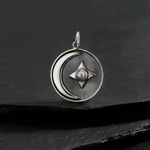 Sterling Silver Moon and Star Charm with Pearl 