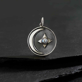 Sterling Silver Moon and Star Charm with Pearl 25x18mm