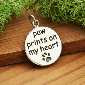 Silver Message Pendant - Paw Prints on my Heart 22x15mm