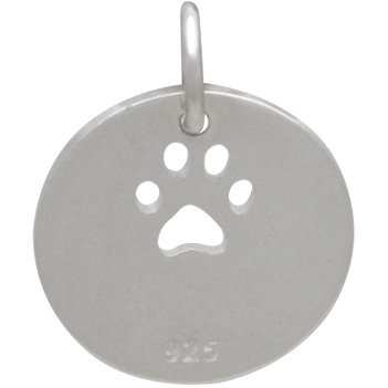 Sterling Silver Circle Charm with Paw Print Cutout 16x12mm
