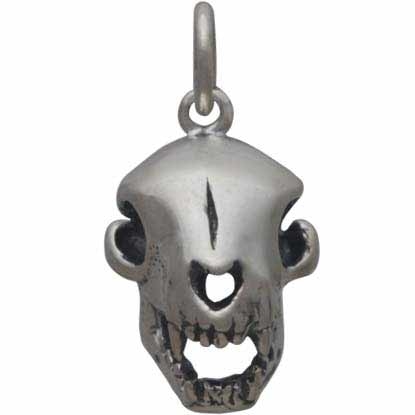 Sterling Silver Cat Skull Charm - Halloween Charm 18x9mm