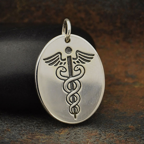 Sterling Silver Medic Staff Charm Etched Oval Disk 21x15mm