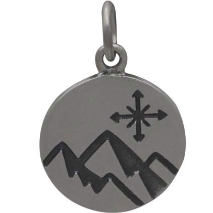 Sterling Silver Mountain Charm with Compass on disk 18x12mm