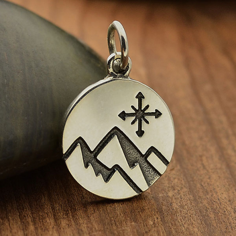 Sterling Silver Mountain Charm with Compass on disk 18x12mm