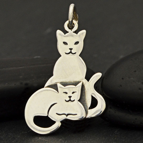 Sterling Silver Two Layer Mom and Baby Cat Charm 25x15mm