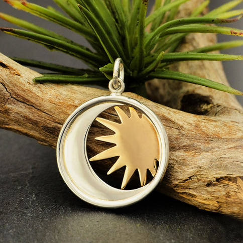 Sterling Silver Moon Charm in a Disk with Bronze Sun 23x17mm