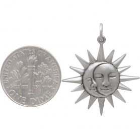 Sterling Silver Moon and Sun Pendant with Faces 28x23mm