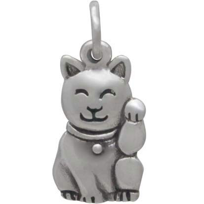 Sterling Silver Lucky Cat Charm -Maneki Neko Charm 18x8mm