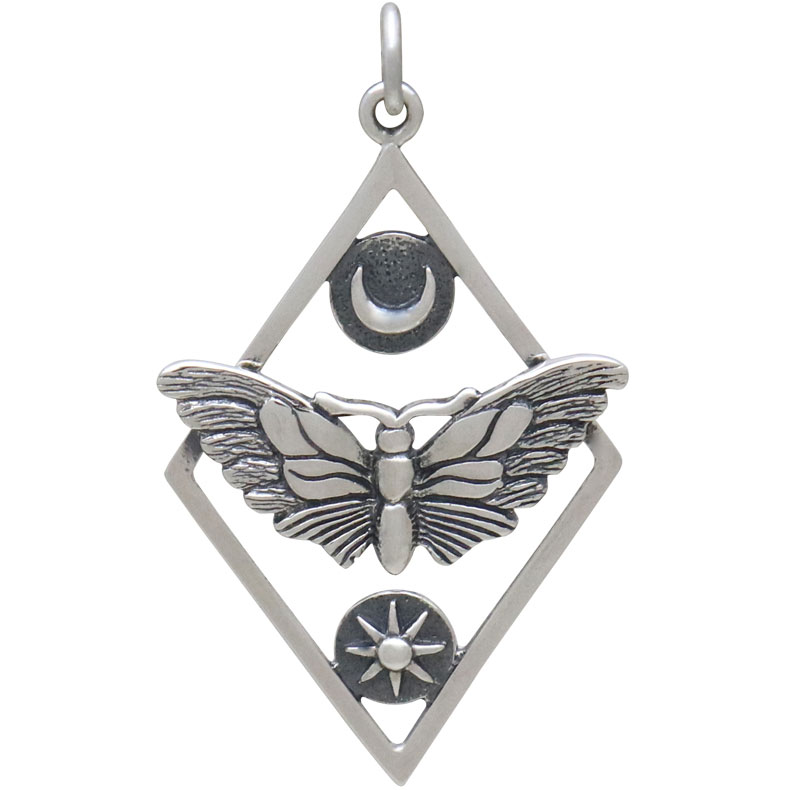 Silver Geometric Moth Charm with Sun and Moon 35x21mm