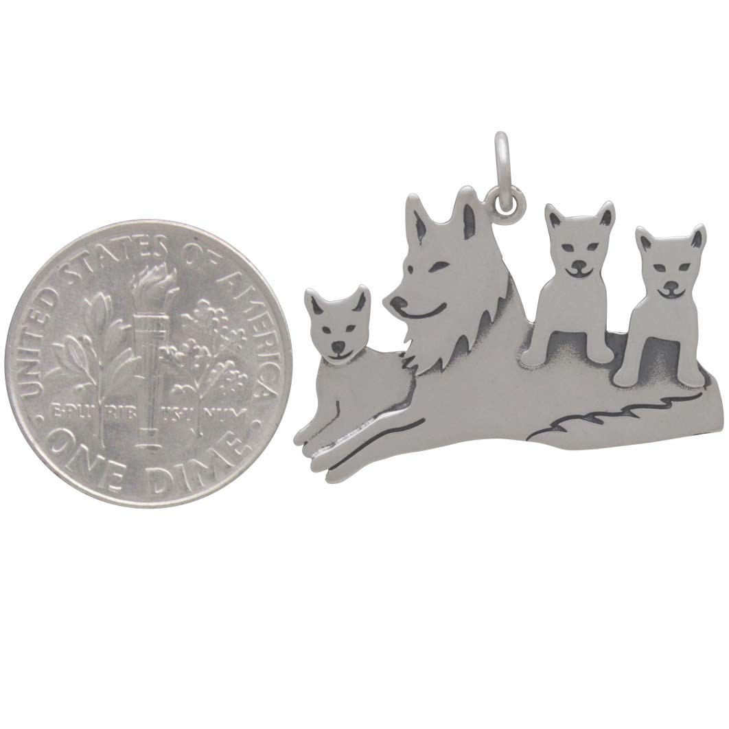 Sterling Silver Mama Wolf Pendant with Three Pups