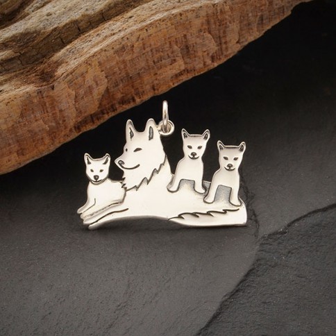 Sterling Silver Mama Wolf Pendant with Three Pups