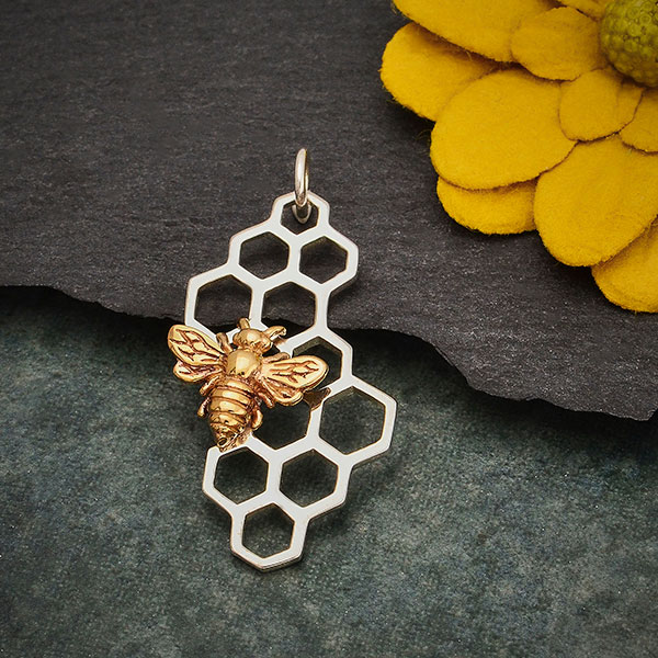 Sterling Silver Honeycomb with Bronze Bee Earrings 