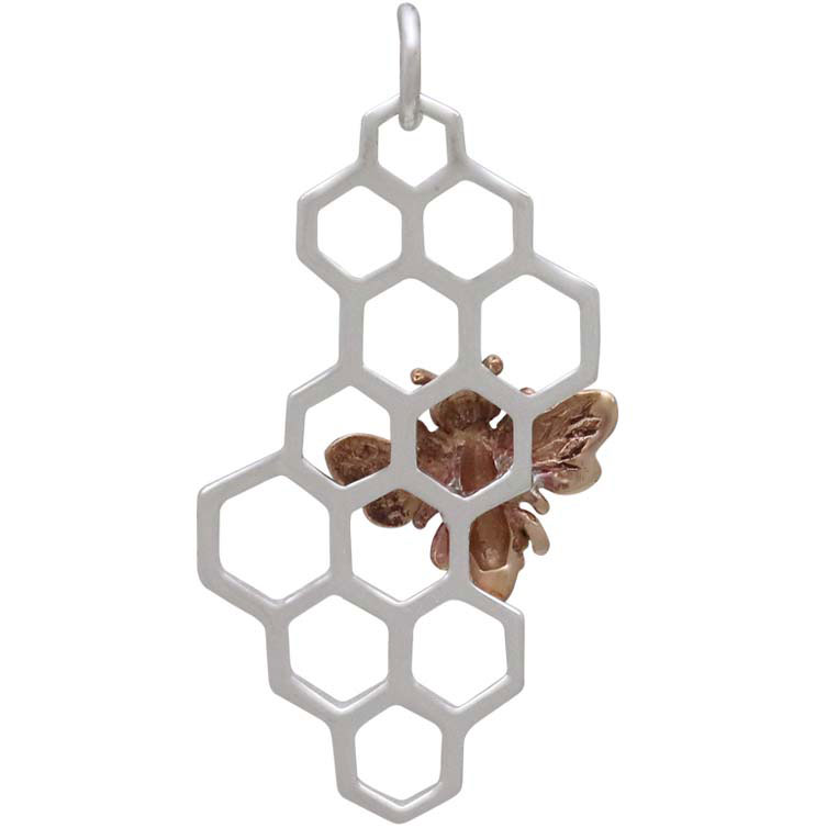 Sterling Silver Honeycomb Pendant with Bronze Bee 32x16mm
