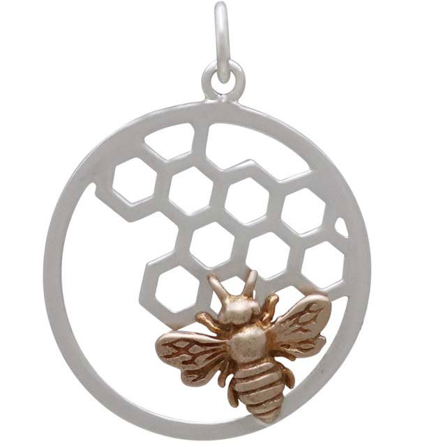 Silver Honeycomb and Bee Charm in Circle Frame 27x21mm