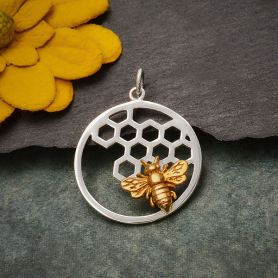 Silver Honeycomb and Bee Charm in Circle 27x21mmDISCONTINUED