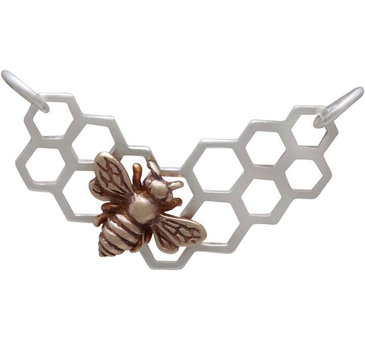 Sterling Silver Honeycomb Festoon with Bronze Bee 18x27mm