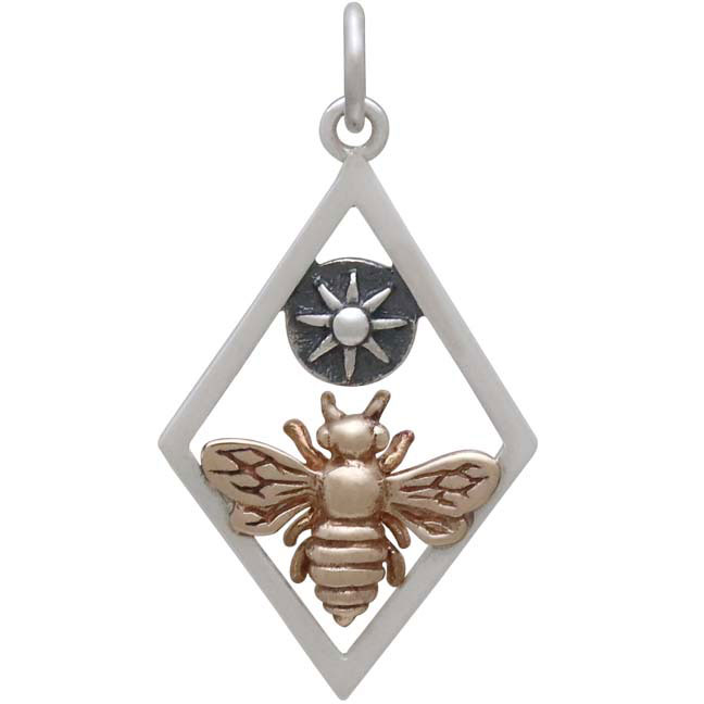 Bronze Bee Charm with Sun in Silver Diamond Frame 28x15mm