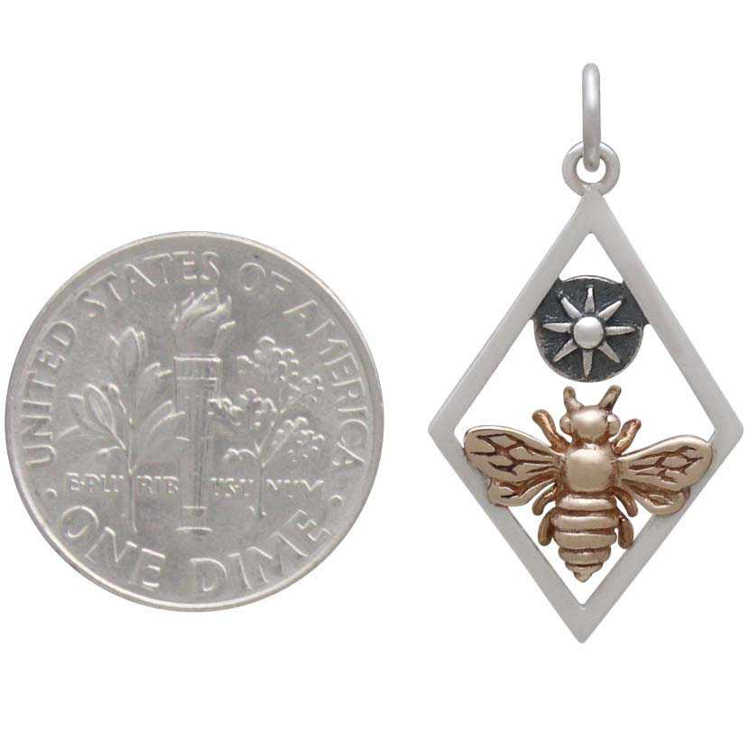 Bronze Bee Charm with Sun in Silver Diamond Frame 28x15mm