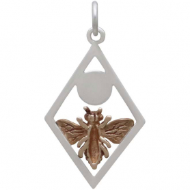 Bronze Bee Charm with Sun in Silver Diamond Frame 28x15mm