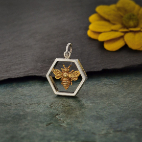 Sterling Silver Hexagon Charm with Bronze Bee 20x16mm