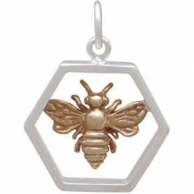 Sterling Silver Hexagon Charm with Bronze Bee 20x16mm