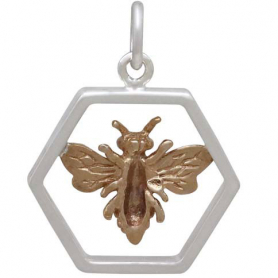 Sterling Silver Hexagon Charm with Bronze Bee 20x16mm