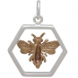 Sterling Silver Hexagon Charm with Bronze Bee 20x16mm