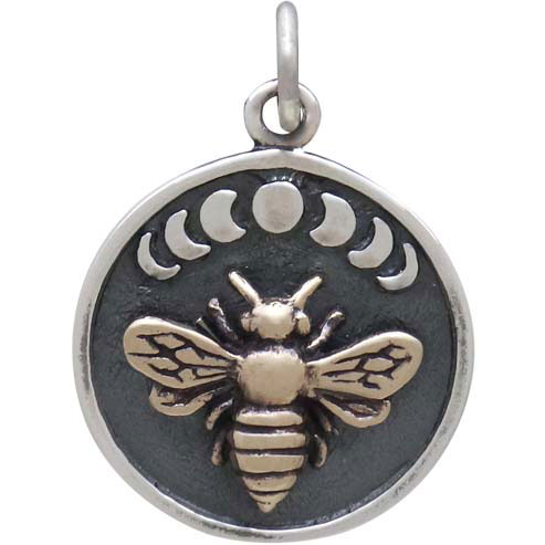Sterling Silver Moon Phase Charm with Bronze Bee 22x16mm
