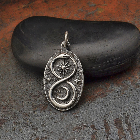 Silver Infinity Snake Pendant with Sun and Moon 26x13mm