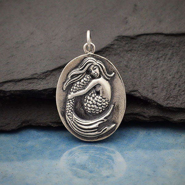 handmade ceramic gold lustred hanging merfox pendant on sterling silver 18 chain. Fox mermaid porcelain gold detailed pendant necklace