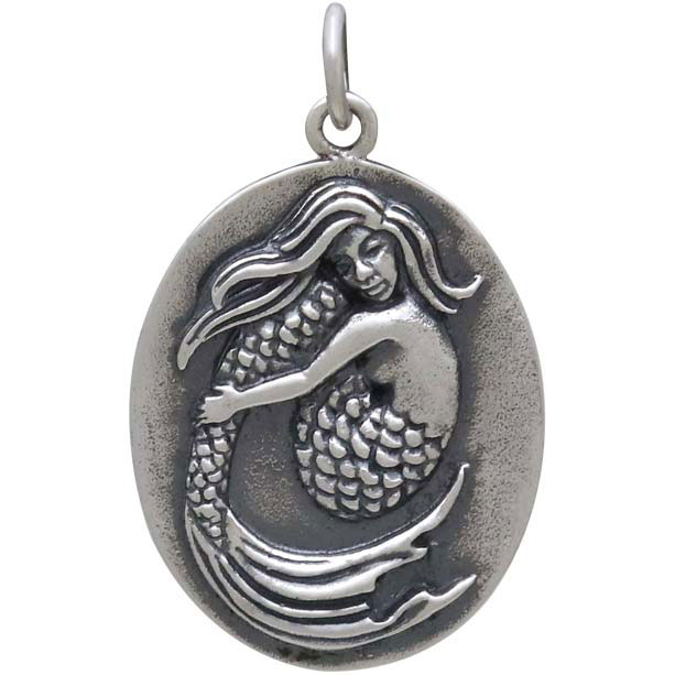 Sterling Silver Mermaid Pendant on Oval Medallion 27x16mm
