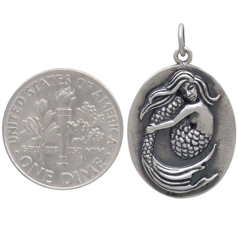 Sterling Silver Mermaid Pendant on Oval Medallion 27x16mm