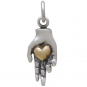 Sterling Silver Charm Hand Holding Bronze Heart 20x7mm