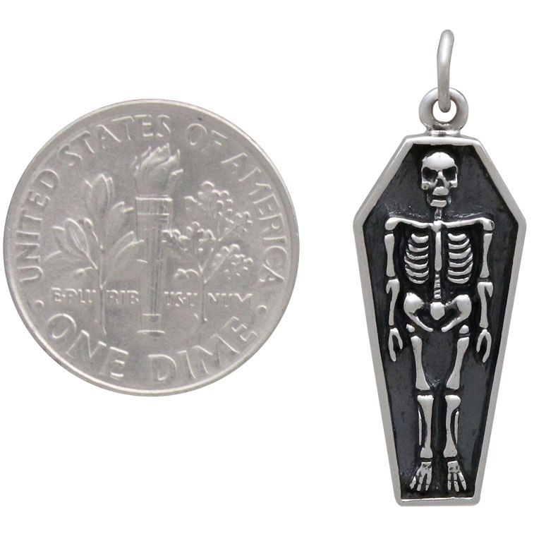 Sterling Silver Skeleton Charm in Coffin 29x10mm