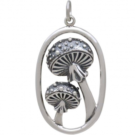 Sterling Silver Agaric Mushrooms Pendant in Oval 33x17mm