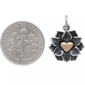 Sterling Silver Lotus Pendant with Bronze Heart 19x14mm