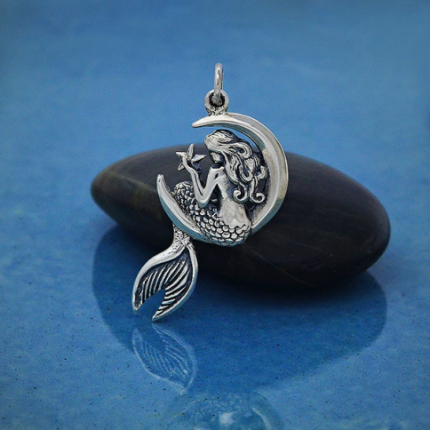 Sterling Silver Mermaid on the Moon Pendant 30x17mm
