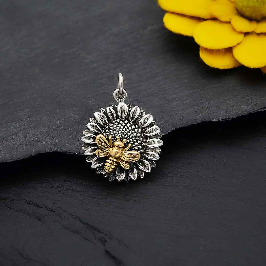 Sterling Silver Sunflower Charm with Bronze Bee
