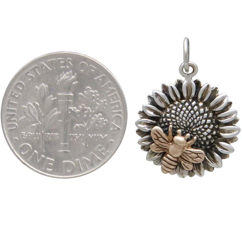 Sterling Silver Sunflower Charm with Bronze Bee 21x15mm