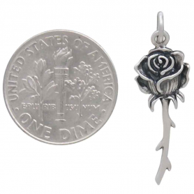 Sterling Silver Dimensional Stemmed Rose Charm 29x9mm