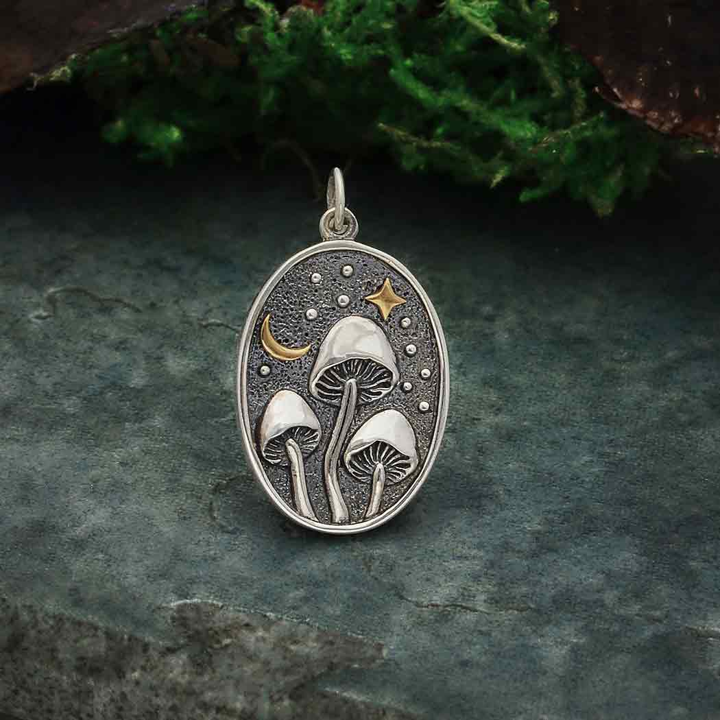Woodland Charm Sterling Silver Mushroom Charm with Bronze Moon Culinary Art Sterling Silver Charm Nature Charm Sterling Silver Mushroom