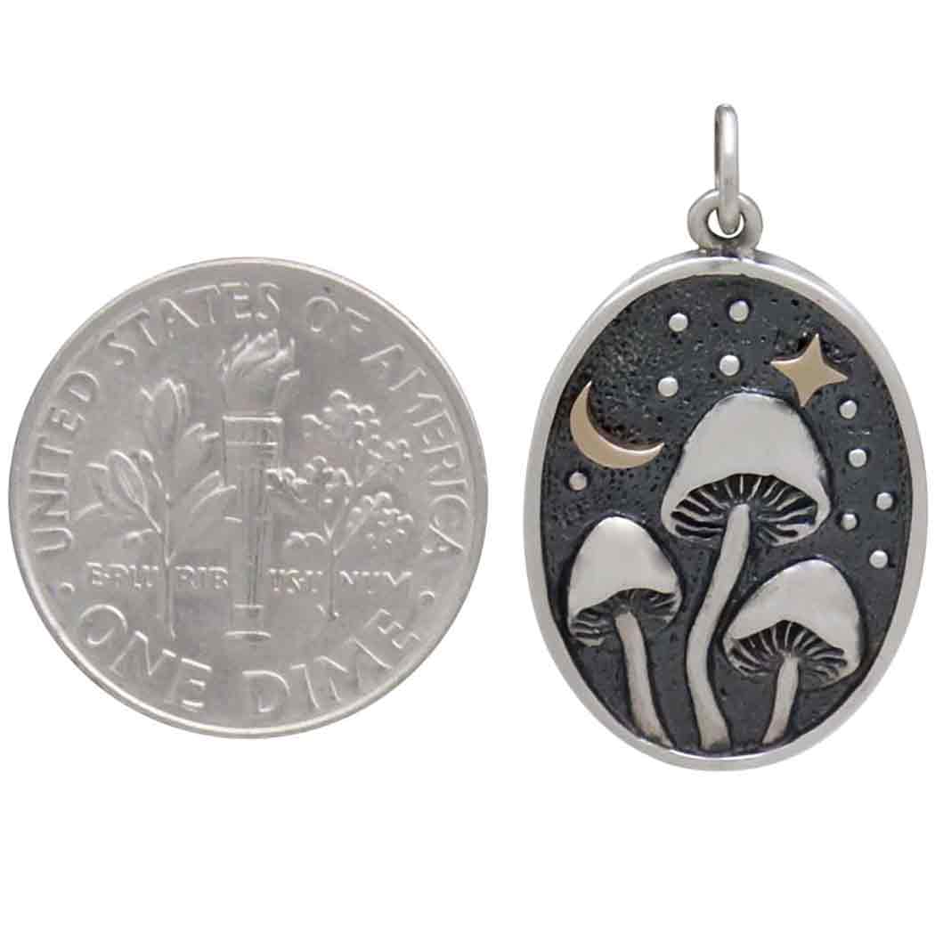 Silver Mushroom Pendant with Bronze Star and Moon 26x15mm