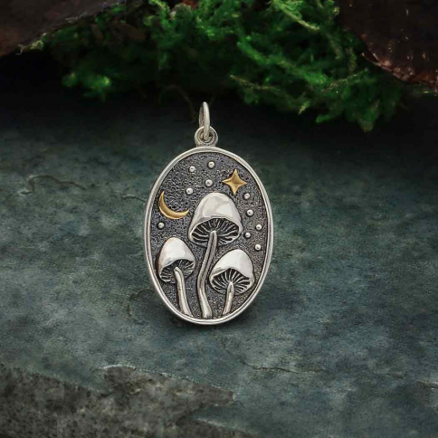 Silver Mushroom Pendant with Bronze Star and Moon 26x15mm